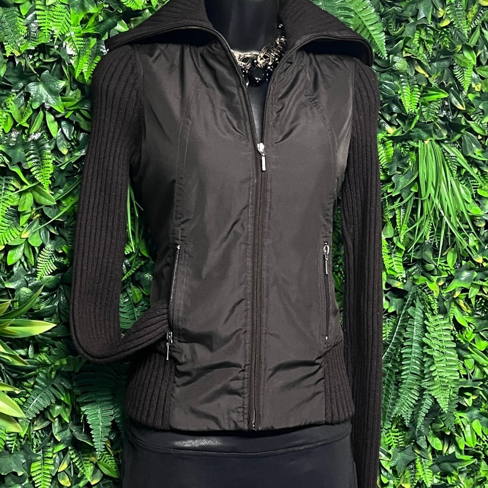 Tahari‎ Jacket Womens XS Dark Brown Wool Ribbed Knit Mixed Media Zip 3598